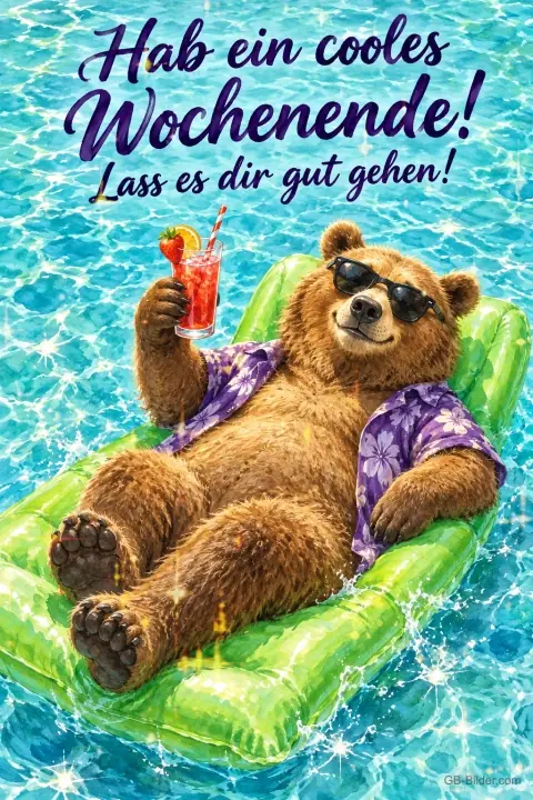 Bär mit Sonnenbrille und Hawaiihemd liegt mit Cocktail auf einer Luftmatratze im Pool, Text: Hab ein cooles Wochenende! Lass es dir gut gehen!