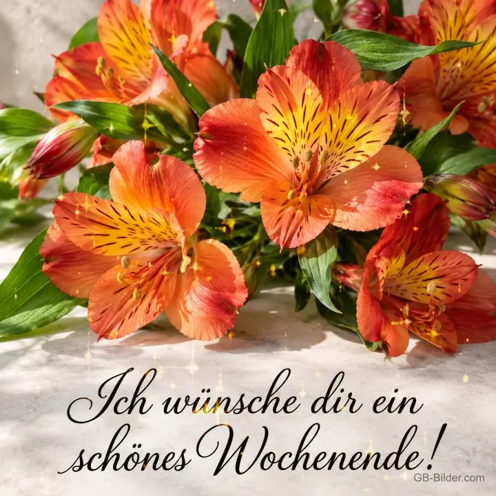 Orange Inkalilien auf einem Tisch, Text: Ich wünsche dir ein schönes Wochenende!