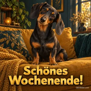 Dackel sitzt auf einem gelben Sofa, Text: Schönes Wochenende!