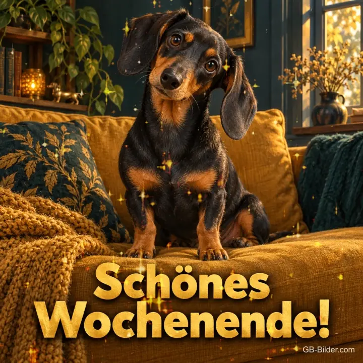 Dackel sitzt auf einem gelben Sofa, Text: Schönes Wochenende!
