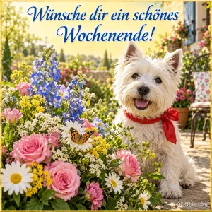 Westie mit roter Schleife sitzt zwischen Rosen und Wiesenblumen, Text: Wünsche dir ein schönes Wochenende!