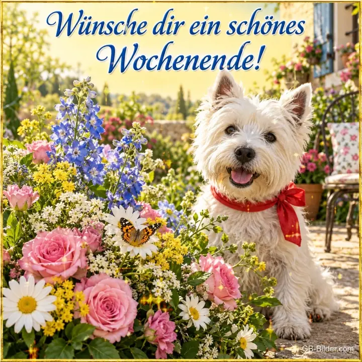 Westie mit roter Schleife sitzt zwischen Rosen und Wiesenblumen, Text: Wünsche dir ein schönes Wochenende!