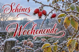 Bereifte Hagebutten, Text: Schönes Wochenende