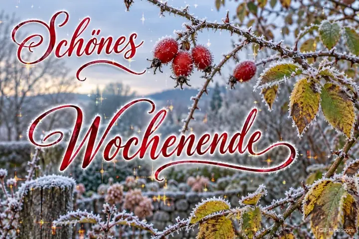 Bereifte Hagebutten, Text: Schönes Wochenende