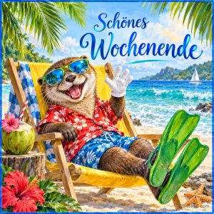 Otter mit Sonnenbrille und Hawaiihemd liegt im Liegestuhl am Strand und winkt, Text: Schönes Wochenende