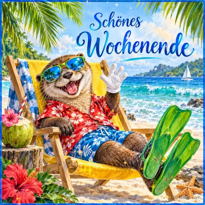 Otter mit Sonnenbrille und Hawaiihemd liegt im Liegestuhl am Strand und winkt, Text: Schönes Wochenende