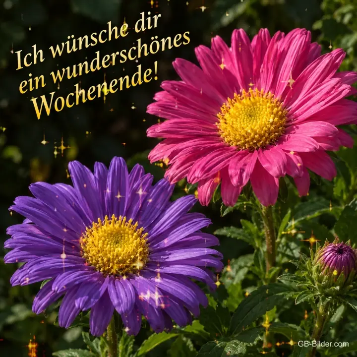 Pinke und lila Astern im Abendlicht, Text: Ich wünsche dir ein wunderschönes Wochenende!