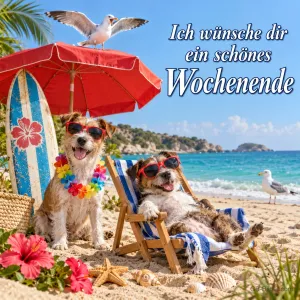 Zwei Jack Russells mit Sonnenbrillen am Strand unter einem roten Schirm, Text: Ich wünsche dir ein schönes Wochenende
