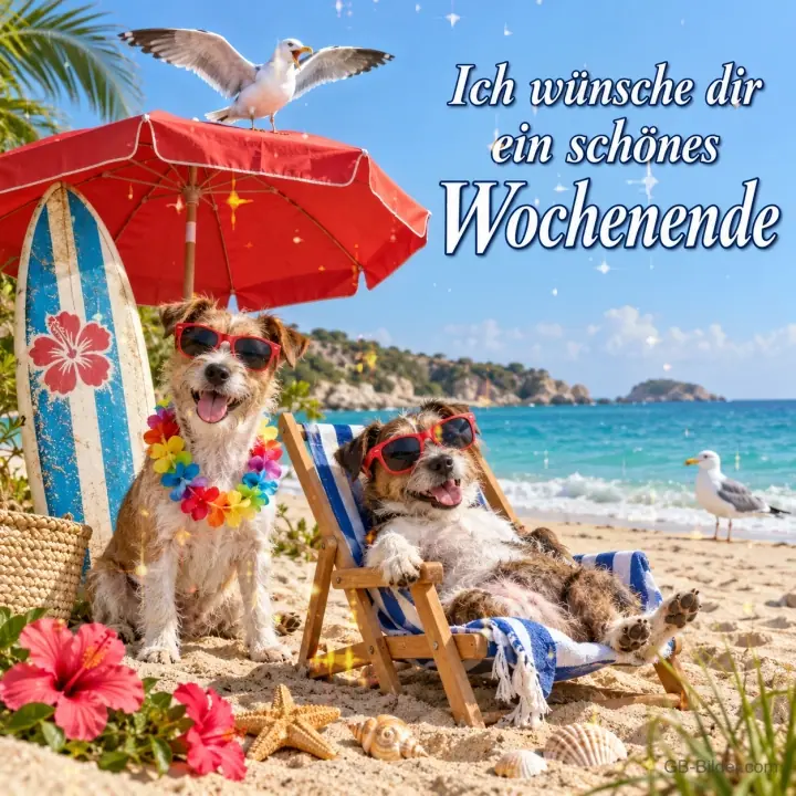 Zwei Jack Russells mit Sonnenbrillen am Strand unter einem roten Schirm, Text: Ich wünsche dir ein schönes Wochenende