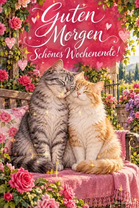 Zwei Katzen kuscheln auf einer Gartenbank zwischen Rosen, Text: Guten Morgen – Schönes Wochenende!