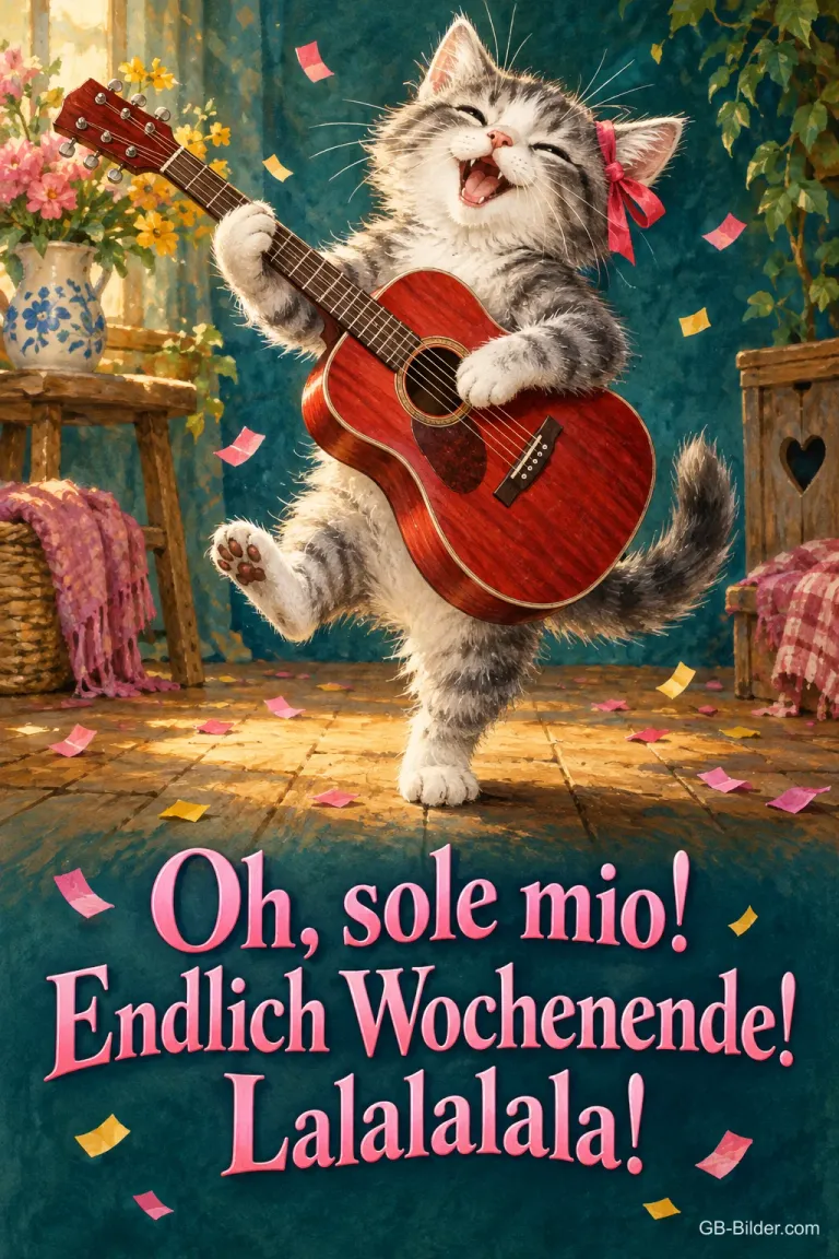 Getigertes Kätzchen spielt Gitarre und singt zwischen Konfetti, Text: Oh, sole mio! Endlich Wochenende! Lalalalala!