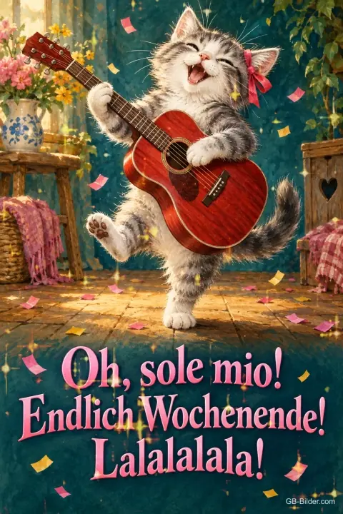 Getigertes Kätzchen spielt Gitarre und singt zwischen Konfetti, Text: Oh, sole mio! Endlich Wochenende! Lalalalala!