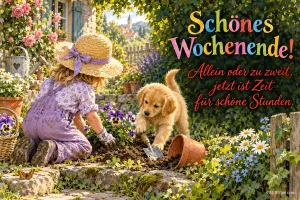 Mädchen mit Strohhut pflanzt Blumen, ein Welpe hilft beim Graben, Text: Schönes Wochenende! Allein oder zu zweit, jetzt ist Zeit für schöne Stunden.