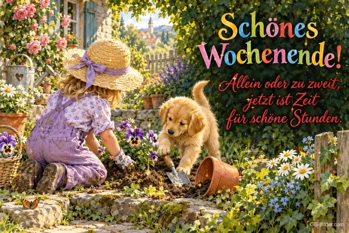 Mädchen mit Strohhut pflanzt Blumen, ein Welpe hilft beim Graben, Text: Schönes Wochenende! Allein oder zu zweit, jetzt ist Zeit für schöne Stunden.