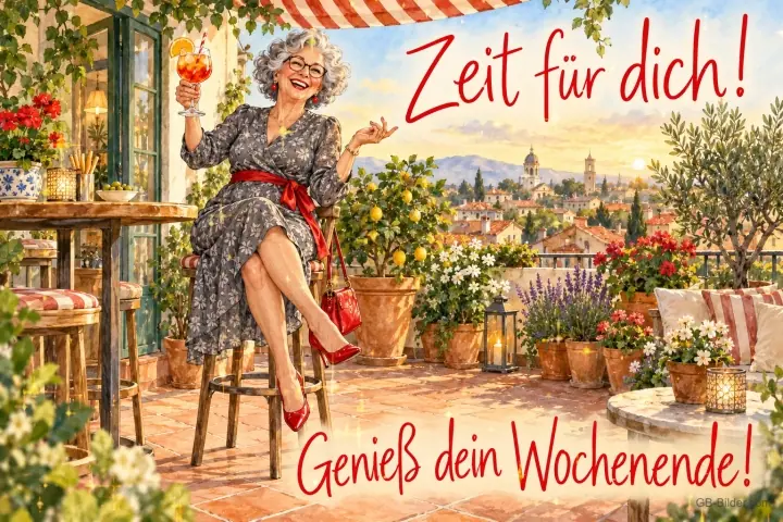 Elegante ältere Dame mit Aperitif auf einer sonnigen Terrasse, Text: Zeit für dich! Genieß dein Wochenende!