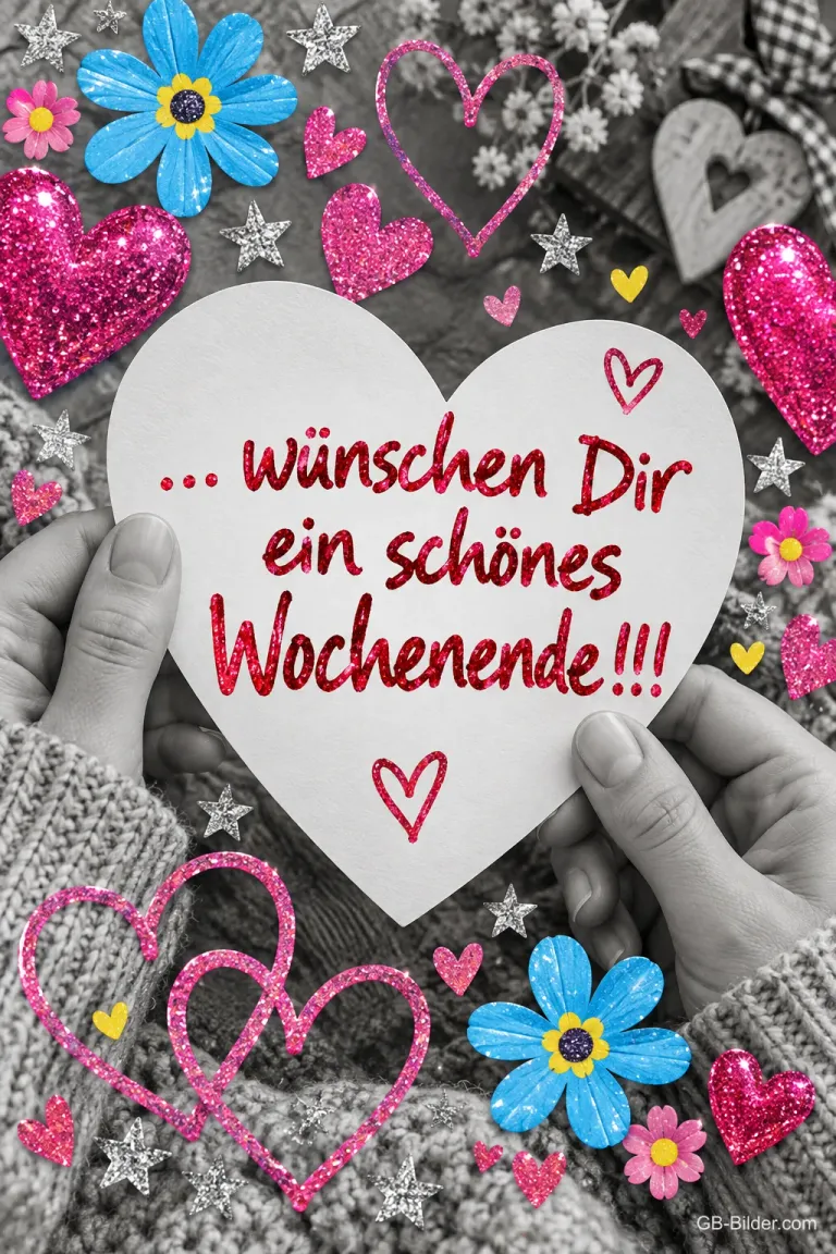 Hände halten ein Papierherz zwischen bunten Herzen und Blumen, Text: ... wünschen Dir ein schönes Wochenende!!!