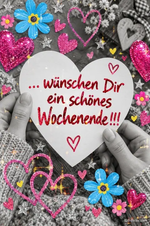 Hände halten ein Papierherz zwischen bunten Herzen und Blumen, Text: ... wünschen Dir ein schönes Wochenende!!!