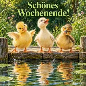 Drei Entenküken stehen auf einem Steg am Teich, Text: Schönes Wochenende!