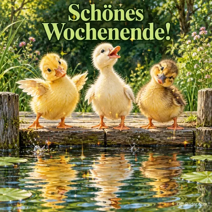 Drei Entenküken stehen auf einem Steg am Teich, Text: Schönes Wochenende!