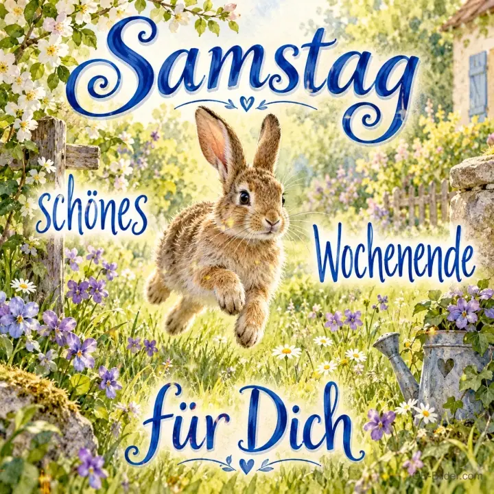 Hase springt fröhlich durch einen blühenden Garten, Text: Samstag – schönes Wochenende für Dich
