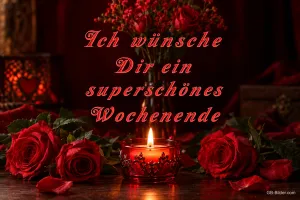 Rote Rosen um ein rotes Windlicht, Text: Ich wünsche Dir ein superschönes Wochenende