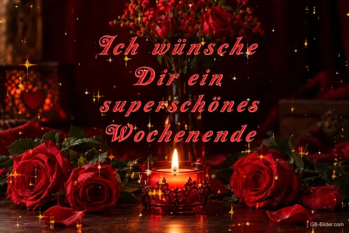 Rote Rosen um ein rotes Windlicht, Text: Ich wünsche Dir ein superschönes Wochenende