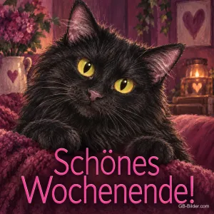 Schwarze Katze mit gelben Augen liegt auf einer Decke, Text: Schönes Wochenende!