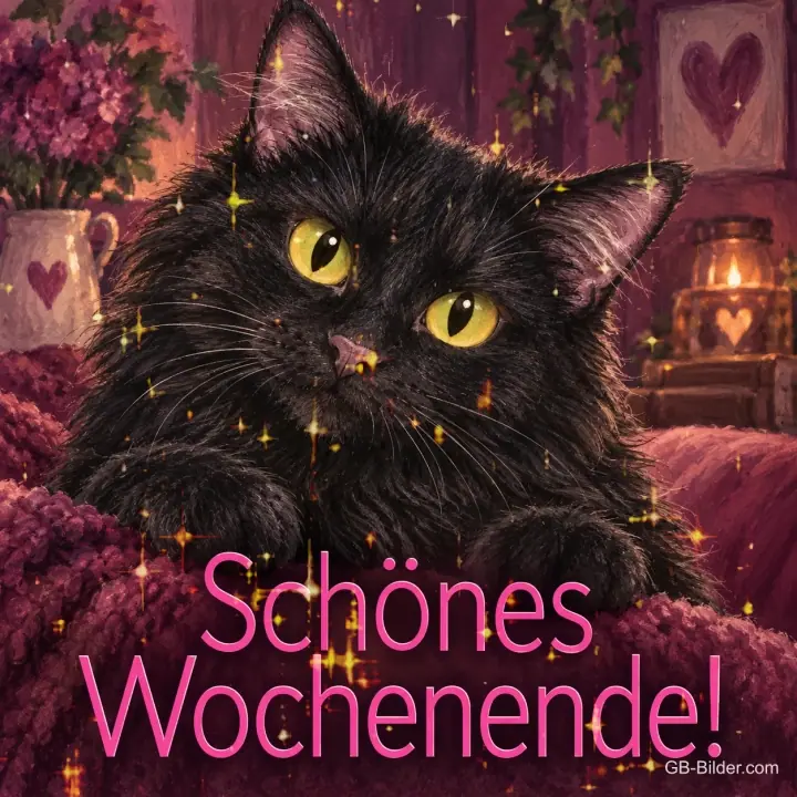 Schwarze Katze mit gelben Augen liegt auf einer Decke, Text: Schönes Wochenende!