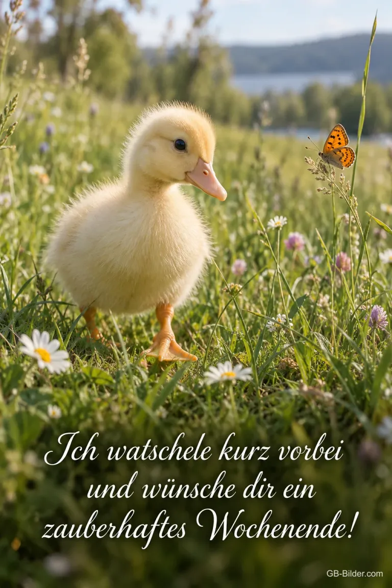 Entenküken läuft über eine Blumenwiese mit Schmetterling, Text: Ich watschele kurz vorbei und wünsche dir ein zauberhaftes Wochenende!