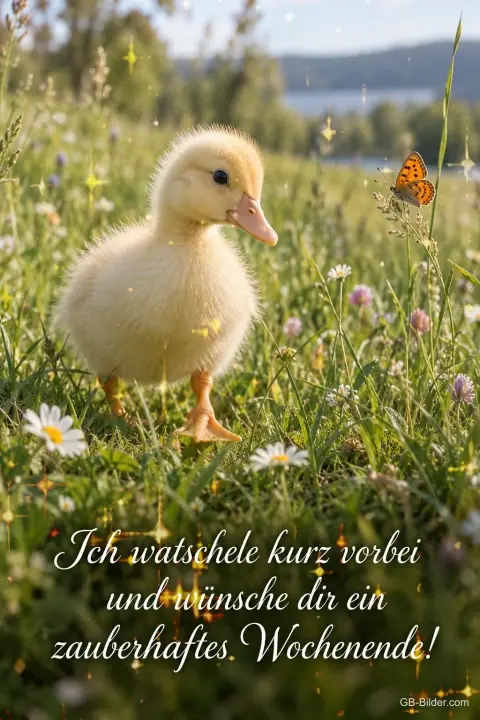 Entenküken läuft über eine Blumenwiese mit Schmetterling, Text: Ich watschele kurz vorbei und wünsche dir ein zauberhaftes Wochenende! Entenküken läuft über eine Blumenwiese mit Schmetterling, Text: Ich watschele kurz vorbei und wünsche dir ein zauberhaftes Wochenende!