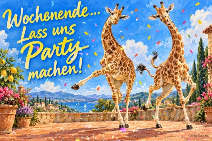 Zwei Giraffen tanzen ausgelassen auf einer Terrasse mit Konfetti, Text: Wochenende… Lass uns Party machen!