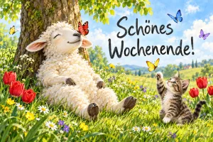 Schaf liegt lächelnd unter einem Baum, daneben ein Kätzchen und Schmetterlinge, Text: Schönes Wochenende!