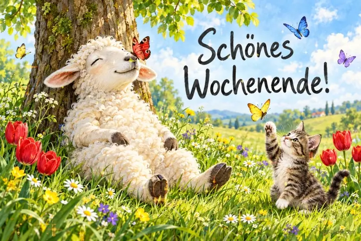 Schaf liegt lächelnd unter einem Baum, daneben ein Kätzchen und Schmetterlinge, Text: Schönes Wochenende!