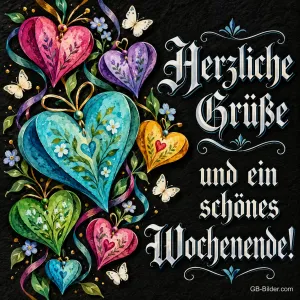 Bunte bemalte Herzen und Schmetterlinge auf dunklem Grund, Text: Herzliche Grüße und ein schönes Wochenende!