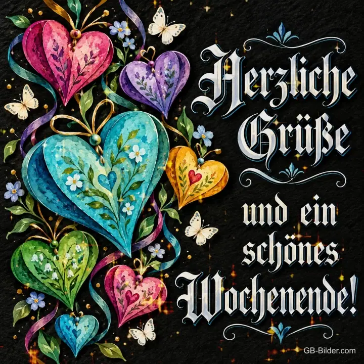 Bunte bemalte Herzen und Schmetterlinge auf dunklem Grund, Text: Herzliche Grüße und ein schönes Wochenende!