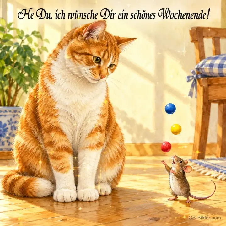 Katze schaut einer Maus zu, die mit bunten Kugeln jongliert, Text: He Du, ich wünsche Dir ein schönes Wochenende!