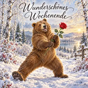 Bär mit roter Rose tanzt im Schnee, Text: Wunderschönes Wochenende