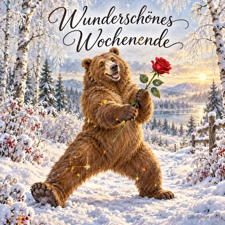 Bär mit roter Rose tanzt im Schnee, Text: Wunderschönes Wochenende