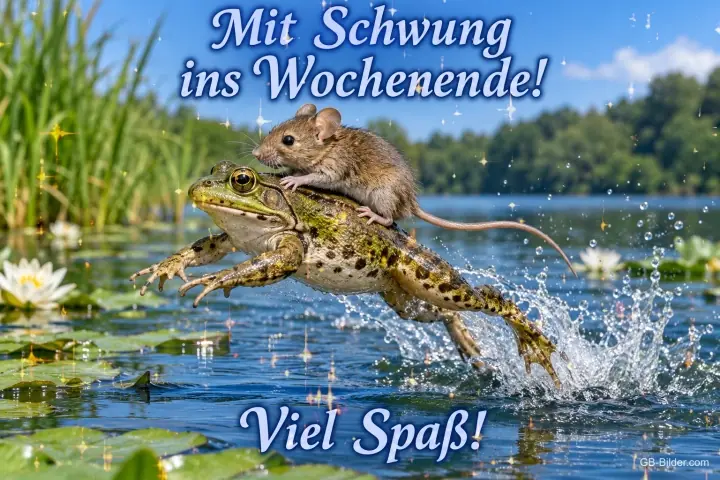 Maus reitet auf einem springenden Frosch über den Teich, Text: Mit Schwung ins Wochenende! Viel Spaß!