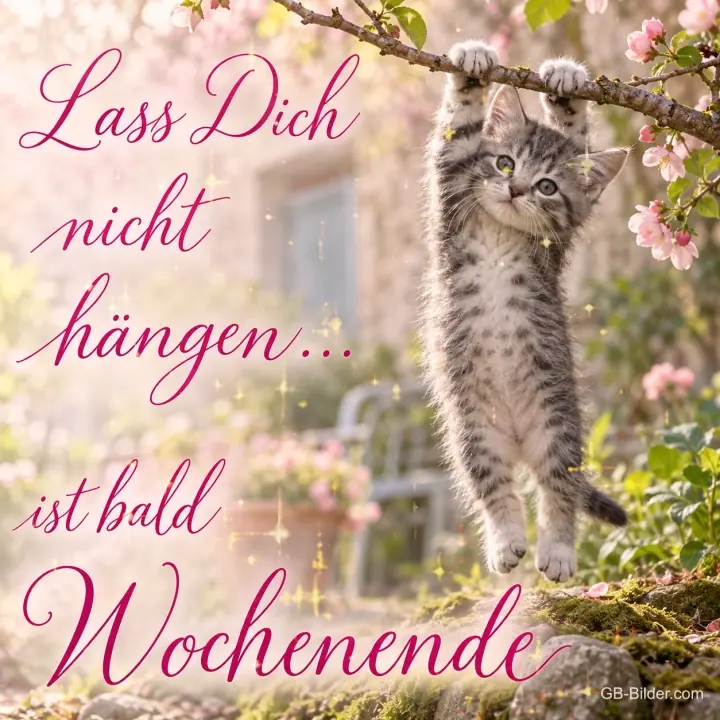 Getigertes Kätzchen hängt an einem blühenden Ast, Text: Lass Dich nicht hängen… ist bald Wochenende