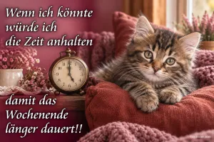 Flauschiges Kätzchen auf einem Kissen neben einem alten Wecker, Text: Wenn ich könnte, würde ich die Zeit anhalten, damit das Wochenende länger dauert!!