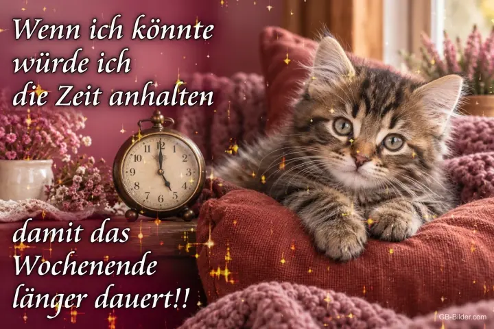 Flauschiges Kätzchen auf einem Kissen neben einem alten Wecker, Text: Wenn ich könnte, würde ich die Zeit anhalten, damit das Wochenende länger dauert!!