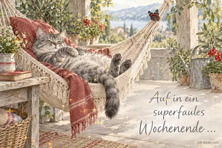 Katze in der Hängematte, Text: Auf in ein superfaules Wochenende