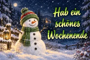Schneemann mit Mütze und Schal in einer verschneiten Winternacht, Text: Hab ein schönes Wochenende