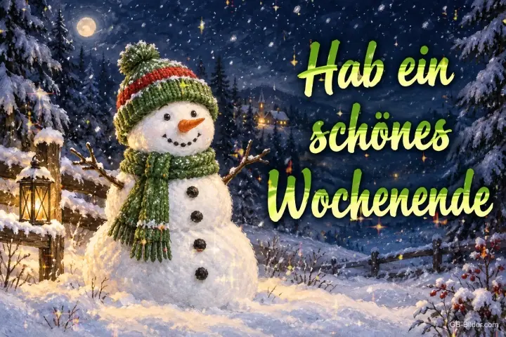 Schneemann mit Mütze und Schal in einer verschneiten Winternacht, Text: Hab ein schönes Wochenende