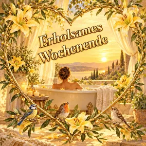 Frau entspannt in einer Badewanne mit Meerblick in einem Herzrahmen aus Lilien, Text: Erholsames Wochenende