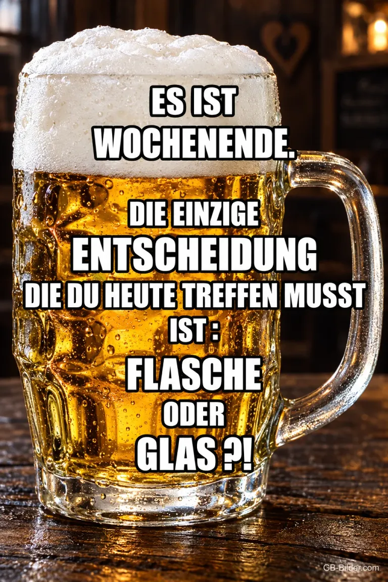Bierkrug, lustiger Spruch, Text: Es ist Wochenende