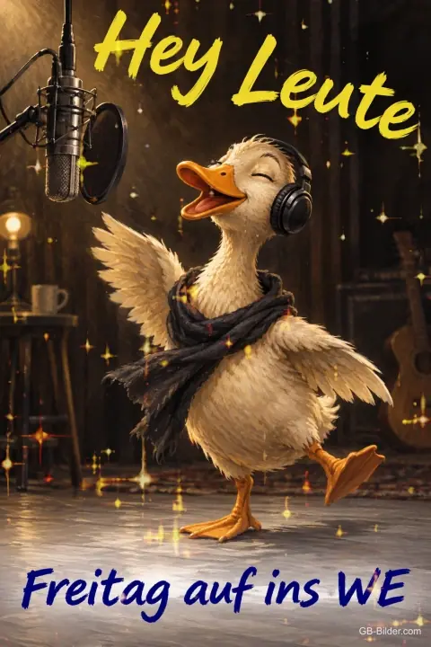 Tanzende Ente mit Kopfhörern, Text: Hey Leute Tanzende Ente mit Kopfhörern, Text: Hey Leute