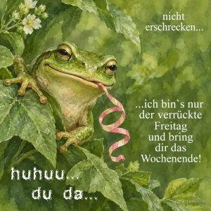 Frosch mit Luftschlange, lustiger Text, Text: nicht erschrecken