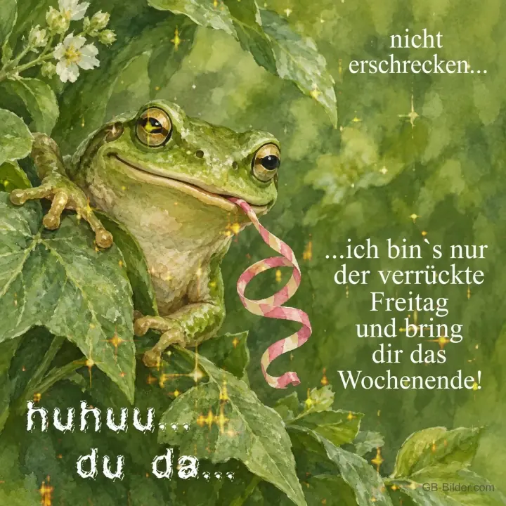 Frosch mit Luftschlange, lustiger Text, Text: nicht erschrecken Frosch mit Luftschlange, lustiger Text, Text: nicht erschrecken